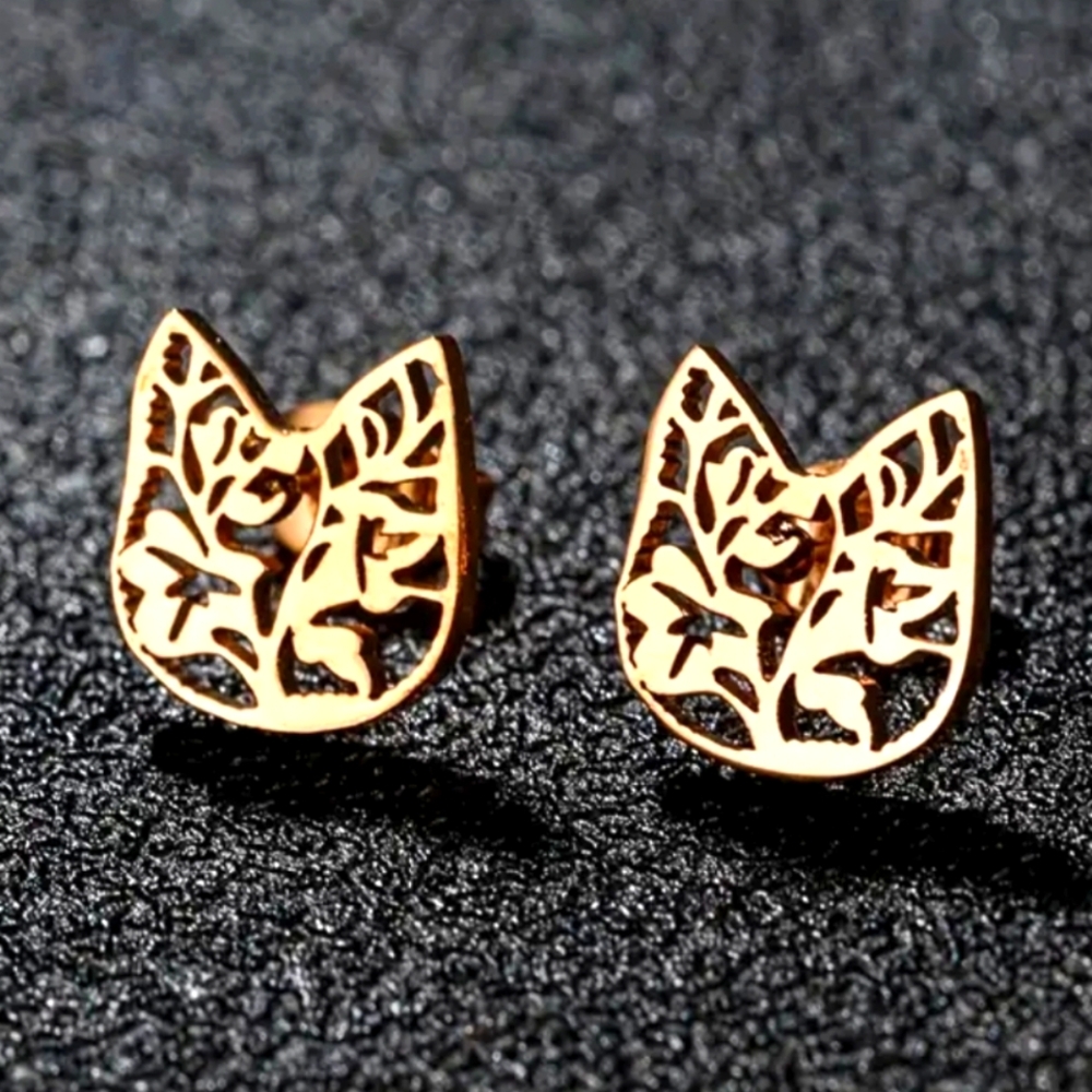 STAINLESS  Steel Floral Cat Stud Earrings Rose Gold